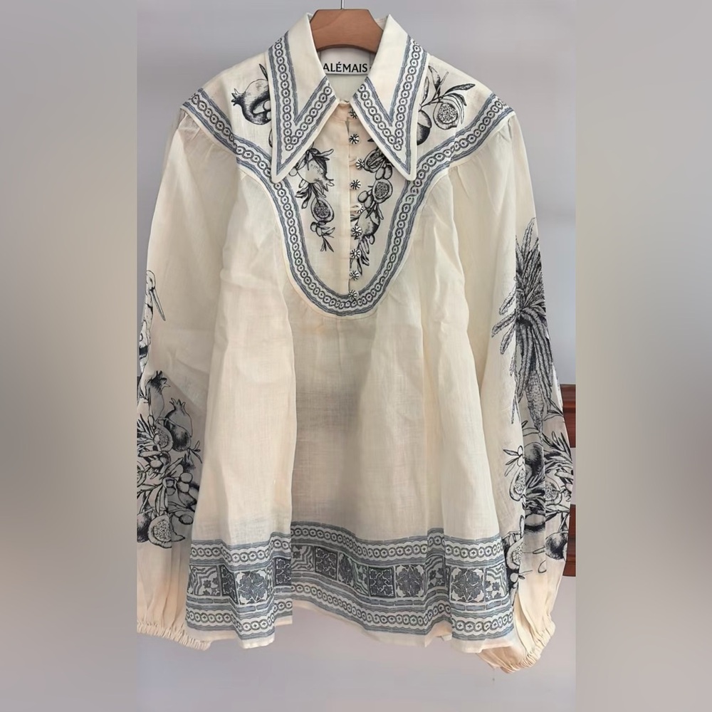 ALÉMAIS Villa Romantica Long-Sleeve Linen Blouse size - ivory pattern US 4 - Picture 5 of 9